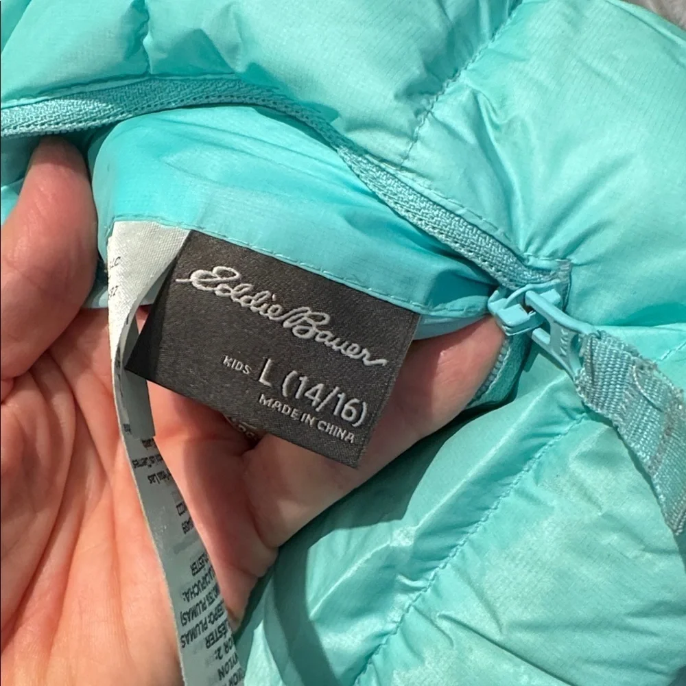Eddie Bauer reversible navy print / aqua Hooded puffer Jacket 14/16 large kids